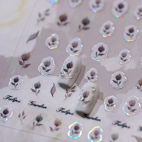 Pegatinas para Uñas Holográficas Jardín de Tulipanes Autoadhesivas Estampado en Caliente Láser Calcomanías Florales DIY