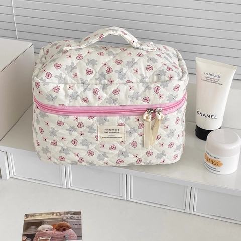 Trousse De Toilette En Coton Matelassé Mignon Lapin Coeur Imprimé Étui À Maquillage Organisateur De Voyage Pochette De Rangement Style Coréen