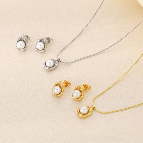 Joyas De Acero Inoxidable Perla Artificial De Concha Collar Pendientes Pulsera Diseño Orgánico Irregular Lava Minimalista Moda Mujeres