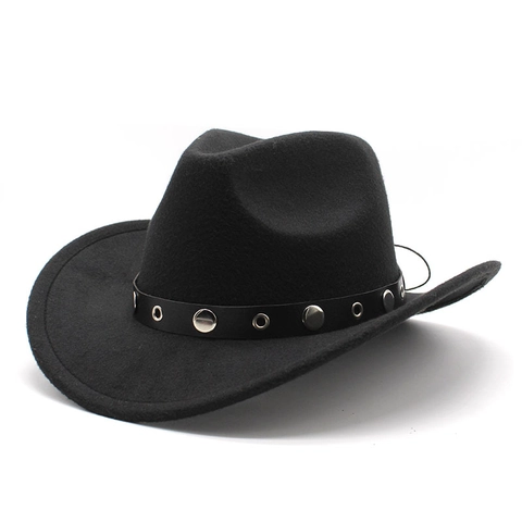 Vintage Western Cowboy Hat Polyester Felt Wide Brim With Studded Leather Band Retro Jazz Fedora For Men Women