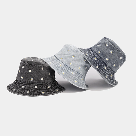 Gorro De Pescador Mezclilla Bordado Floral Margaritas Protección Solar Plegable Casual Para Mujer