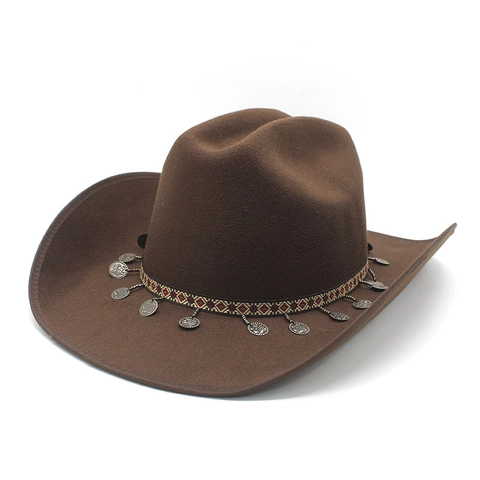Ethnic Western Cowboy Hat Wide Brim Wool Felt Fedora Colorful Bead Tassels Vintage Metal Coin Charms For Women Men