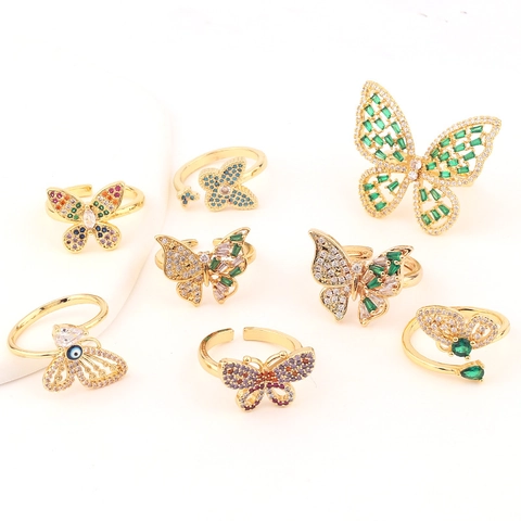 Anello Farfalla Placcato Oro Rame Zirconia Cubica Colorata Apertura Regolabile Gioielli Di Moda Per Donne