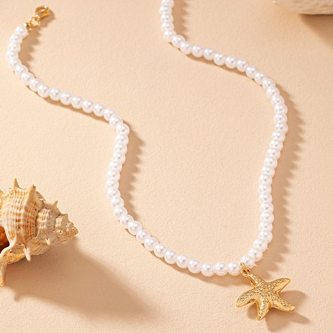 Collar de Moda para Mujer con Colgante de Estrella de Mar y Perlas Artificiales Aleación de Zinc Dorado Elegante Joyería