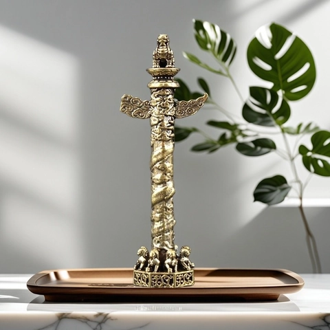 Huabiao Statue Chinese Dragon Pillar Miniature Antique Brass Alloy Carved Desktop Ornament Office Home Decor Traditional Gift