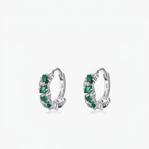Orecchini A Cerchio Huggie In Argento Sterling 925 Con Zircone Marquise Verde Smeraldo E Pavé Di Zircone Bianco Corona Di Fiori