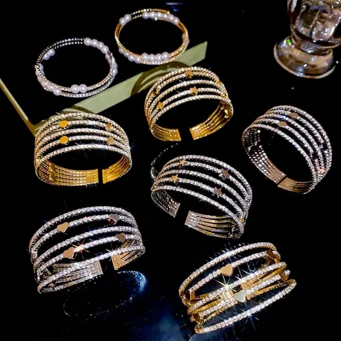 Bracciale Rigido Aperto Multistrato Strass Lega Di Rame Ciondolo Cuore Stella Gioielli Eleganti Da Donna