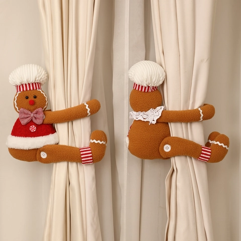 Christmas Gingerbread Man Curtain Tiebacks Sherpa Knitted Fabric Plush Doll Buckle Holiday Home Decor