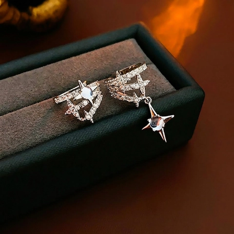 Asymmetric Alloy Star Ear Cuffs With Zircon And Glass Elegant Celestial Silver Tone Jewelry For Women Niche Style