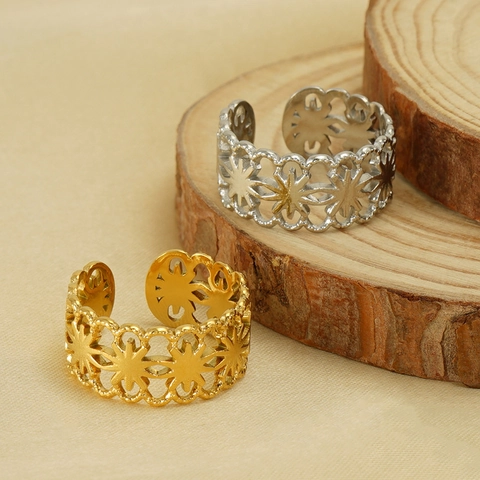 Anillo Ajustable De Flor Hueca Acero Inoxidable Chapado En Oro 18K Estilo Retro Banda Abierta Para Mujer Elegante