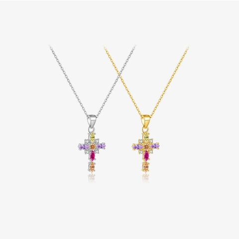 Collana Con Pendente A Croce In Argento Sterling 925 Con Zirconia Cubica Arcobaleno Colorata Pietre Taglio Marquise Per Donna Placcato Oro 18K