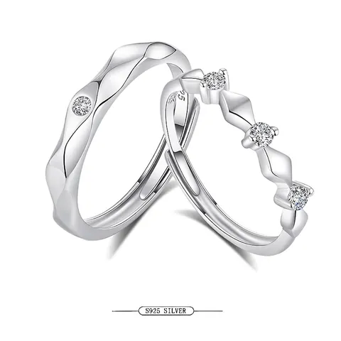 Anillos De Pareja De Plata De Ley 925 Geométricos Ondulados Circonita Cúbica Incrustada Ajustable Diseño Abierto Hombre Mujer
