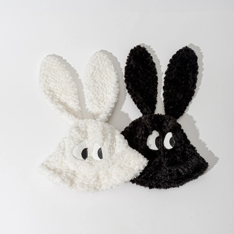 Plush Bucket Hat Cute Long Ears Cartoon Eyes Faux Lamb Wool Warm Winter Outdoor Accessories For Women