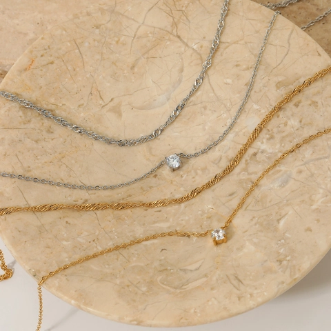 Stainless Steel Double Layer Necklace With Zircon Pendant Elegant Gold Silver Plated Clavicle Chain Women Hypoallergenic