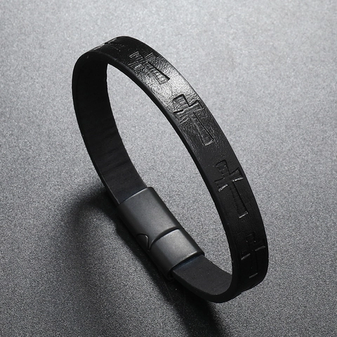 Men Vintage Cross Pattern PU Leather Bracelet With Alloy Magnetic Buckle Religious Punk Style Wristband Jewelry