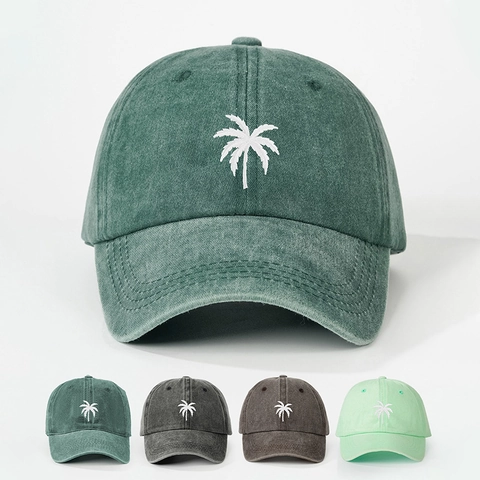 Casquette De Baseball Lavée Broderie Cocotier Rétro Ajustable Peaked Dad Hat Vintage Casual Chapeau De Soleil