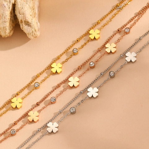 Bracciale Trifoglio A Strati Acciaio Inossidabile Intarsio In Zircone Gioielli Di Moda Per Donna Fascino Elegante
