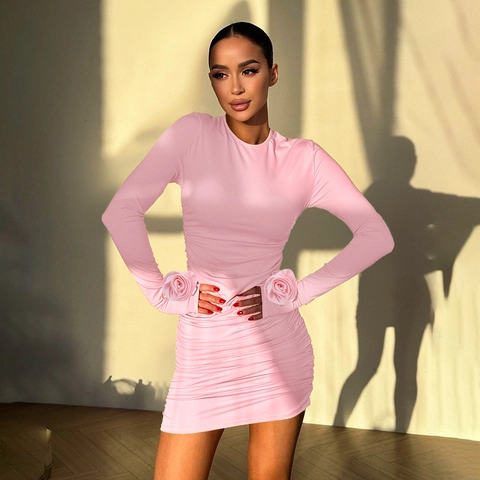 Mini Dress Polyester Spandex Long Sleeve Ruched Bodycon Dimensional Rose Flower Elegant Slim Fit Party Clubwear Women