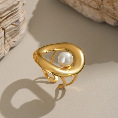 Anillo Abierto Perla Artificial Elegante Acero Inoxidable Chapado Oro 18K Impermeable Hipoalergénico Minimalista Ajustable Joyería Mujer