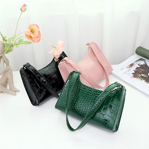 Vintage Crocodile Pattern Baguette Bag For Women PU Leather Underarm Shoulder Purse Solid Color Zipper Retro Trendy