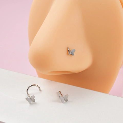 Schmetterling Nasenstecker Edelstahl Piercing Schmuck L-Form Gerader Stab Schraube Nasenring Für Damen Herren Silberfarben Minimalistisch