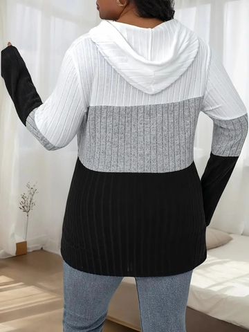 Women Plus Size Color Block Hoodie Half Zip Drawstring Ribbed Knit Patchwork Long Sleeve Casual Sweatshirt