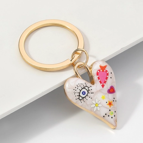 Mode Herz Böser Blick Schlüsselanhänger Für Damen Gold Legierung Emaille Blume Stern Muster Tasche Anhänger Pop Art Schlüsselring