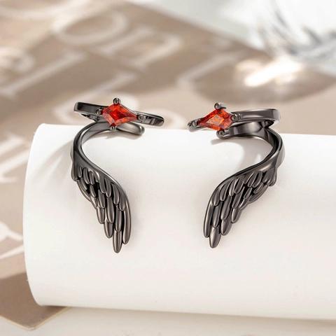Wing Ear Cuff Gothic Copper Wrap Earring Featuring Red Rhombus Gemstone No Piercing Dark Cool Punk Style Jewelry