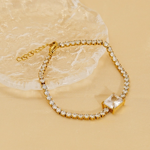 Bracciale Tennis Placcato Oro 18K Acciaio Inossidabile Zirconia Geometrico Catena Regolabile Gioielli Di Lusso Minimalisti Donna