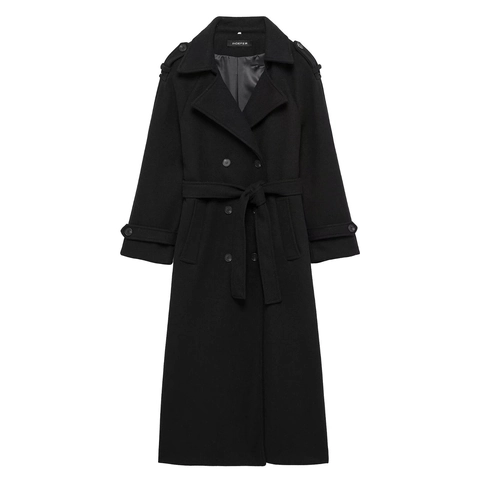 Women Elegant Double Breasted Woolen Trench Coat Long Lapel Overcoat With Belt Classic Solid Color Autumn Winter Outerwear Jacket