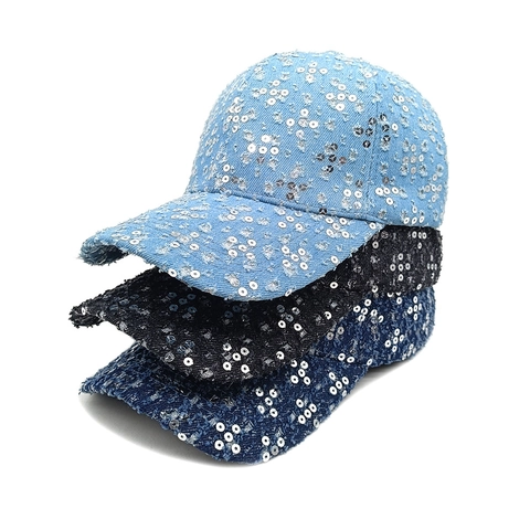 Casquette De Baseball En Jean Pour Femmes Avec Paillettes Argentées Motif Floral Bord Effiloché Vintage Chapeau Soleil
