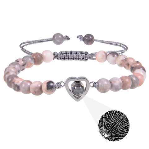 Natural Stone Beaded Bracelet Heart Pendant I Love You Projection Multi-Language Adjustable Handmade Woven Jewelry Women Men