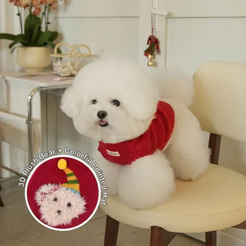 Pull De Noël Pour Chien Rouge Vêtements Tricotés Animaux Compagnie Tenue Hiver Chaude Avec Tête Ours 3D Pour Chats