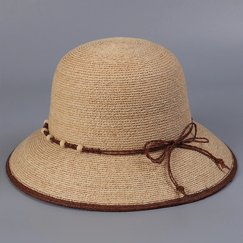 Raffia Straw Sun Hat Wide Brim Hand Woven Vacation Bucket Hat With Wooden Beads For Women Summer Breathable Cloche
