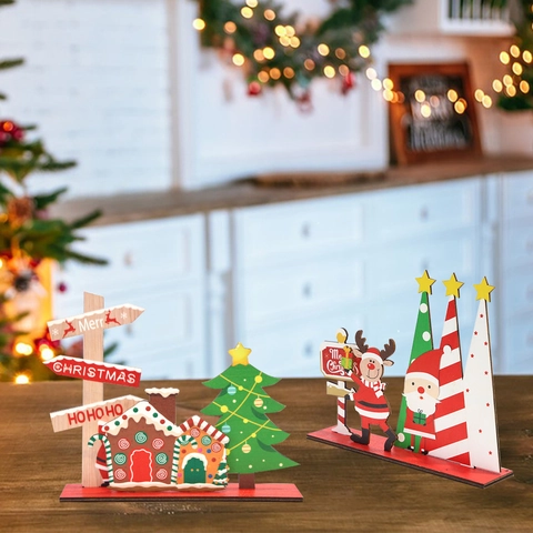 Christmas Wooden Desktop Ornaments Puzzle Decor Santa Reindeer Tree Gingerbread House DIY Festive Party Decoration