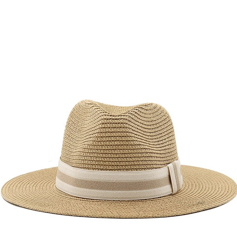 Strohoed Fedora Dames Heren Brede Rand Zomer Strand Zonnehoed Ademend Geweven Jazz Pet Met Gestreepte Lint