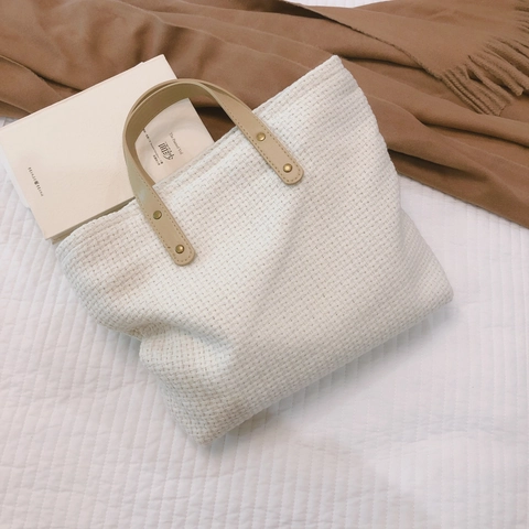 Woven Cotton Linen Tote Handbag With Leather Handles And Rivets Retro Vintage Zipper Closure Commute Bag For Women