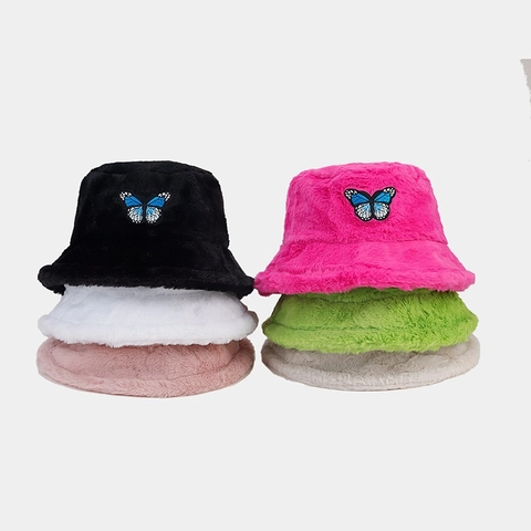 Women Plush Bucket Hat With Faux Fur Winter Warm Soft Sunshade Basin Cap Featuring Elegant Butterfly Embroidery Patch