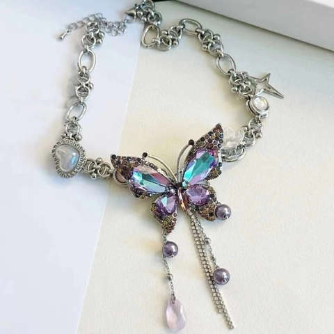 Collana con Pendente a Farfalla con Nappina in Lega per Donna Catena della Clavicola con Strass Sfumato Cuore Stella Gioielli