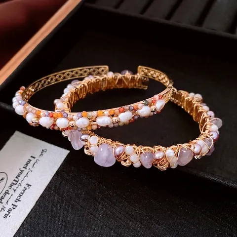 Brazalete Abierto Vintage Bañado En Oro De 18K Con Amatista Y Perla Artificial De Agua Dulce Alambre Envuelto A Mano Para Mujer