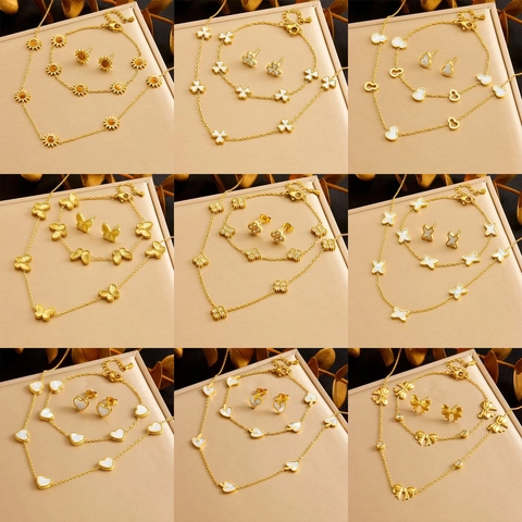 Fashion Stainless Steel Butterfly Heart Flower Jewelry Set For Women Gold Plated Sunflower Shell Necklace Bracelet Earrings