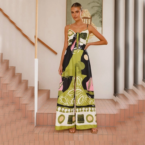 Women Sleeveless Jumpsuit Polyester Tie Front High Waist Wide Leg Bohemian Digital Print Summer Vacation Casual Fashion