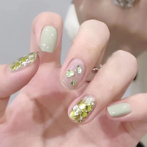 Press On Nails Square Round False Nails ABS Resin Rhinestone Heart Glitter Green Melon Summer Fresh Style For Women