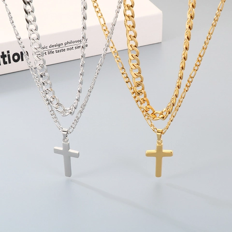 Men Double Layer Cross Pendant Necklace Stainless Steel Titanium Steel Cuban Link Chain Fashion Hip Hop Neck Jewelry Gift