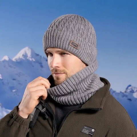 Winter Strickmütze Und Halswärmer Fleece Gefüttert Dick Warm Winddicht Outdoor Geripptes Acryl Für Herren