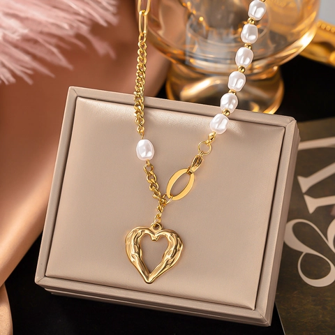 Roestvrijstalen Hart Hanger Ketting Asymmetrische Kunstparelketting Met Schelp Inlay Vintage Hip Hop Sieraden Voor Dames