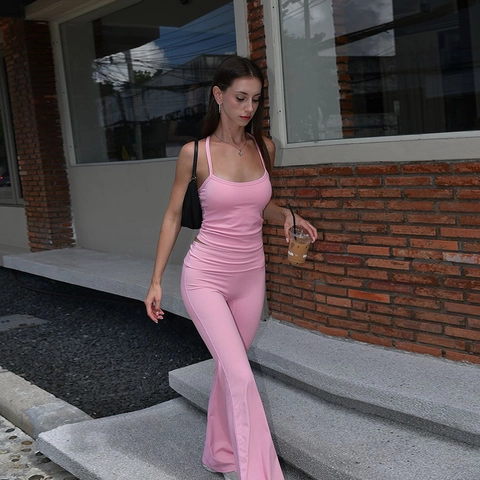 Women Cami Top And Flared Pants Polyester Spandex Stretchy Slim Fit High Waist Solid Color Casual Streetwear Outfit