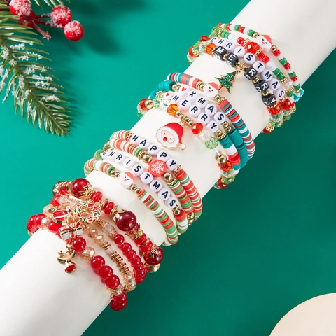 Weihnachts Armbänder Polymer Ton Legierung Weihnachtsmann Charms Elastisch Feiertag Party Schmuck Geschenk Für Damen Herren