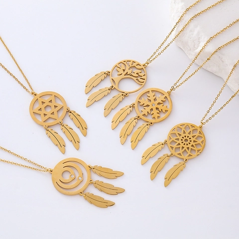 Collier Pendentif Plume Attrape-Rêves Plaqué Or 18 Carats Acier Inoxydable 304 Arbre De Vie Flocon De Neige Étoile Bijoux