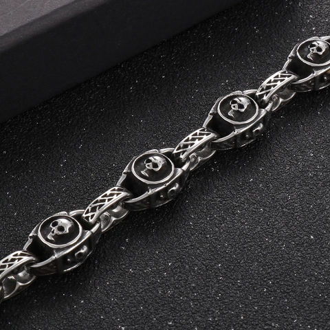 Men's Skull Head Bracelet Vintage Distressed 316L Stainless Steel Punk Gothic Heavy Chain Jewelry With Lobster Clasp